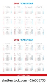 Simple calendar for 2017 and 2018 years. Week starts from Sunday.