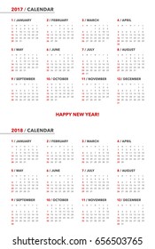 Simple calendar for 2017 and 2018 years. Week starts from Sunday.