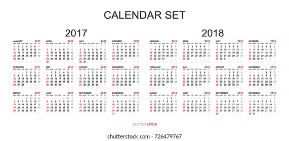 Simple calendar for 2017 and 2018 years. Week starts from Monday. Vector  illustration.