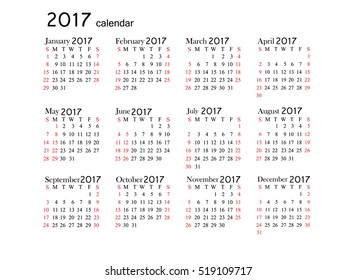 Simple calendar for 2017 and 2017