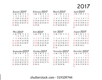 Simple calendar for 2017 and 2017