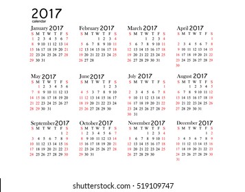 Simple calendar for 2017 and 2017