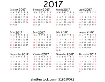 Simple calendar for 2017 and 2017