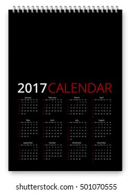 Simple calendar 2017 black colored template. Week starts from sunday. Vector realistic spiral notepad notebook