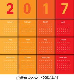 Simple calendar for 2017. Colorfull design. Vector Illustration
