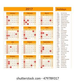 Simple calendar 2017 marked with the official holidays for the USA. The week starts on sunday. art