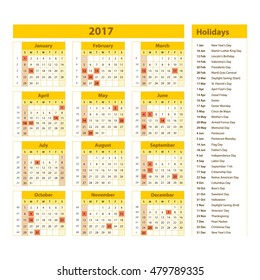 Simple calendar 2017 marked with the official holidays for the USA. The week starts on sunday. art