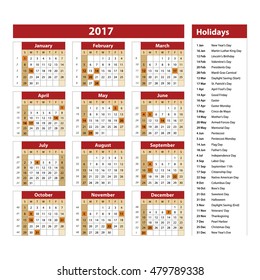 Simple calendar 2017 marked with the official holidays for the USA. The week starts on sunday. art