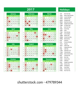 Simple calendar 2017 marked with the official holidays for the USA. The week starts on sunday. art