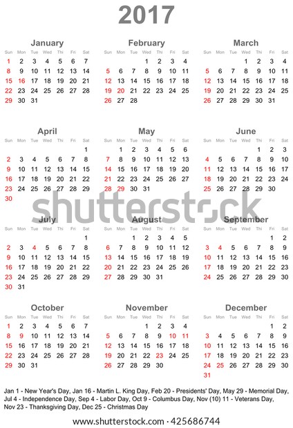 Simple Calendar 2017 Marked Official Holidays Stock Vector (royalty 