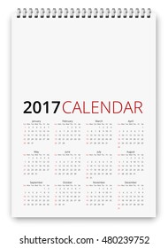 Simple calendar 2017 template. Week starts from sunday. Vector realistic spiral notepad notebook