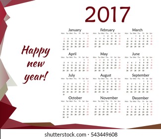 Simple calendar for 2017. Vector template design monthly date illustration 2017 calendar week organizer simple number. Organizer date 2017 year calendar month business template design.