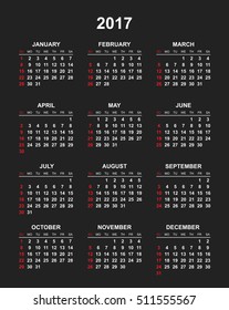 Simple calendar 2017 in vertical style. Flat vector illustration on black background. 