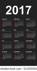 Simple calendar 2017 in vertical style. Flat vector illustration on black background. 