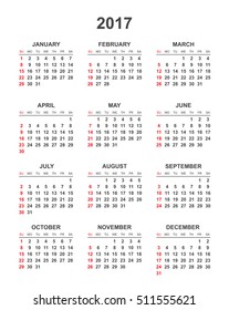 Simple calendar 2017 in vertical style. Flat vector illustration on white background. 