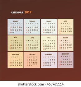 Simple calendar for 2017. Week starts Sunday