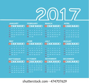 Simple calendar 2017. Week starts from sunday.Vector illustration.