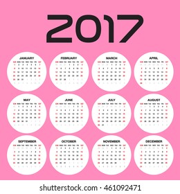 Simple calendar for 2017 Year in circles, Week Starts Sunday, pink background
