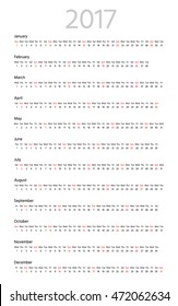 Simple calendar for 2017 year. One month line. Sans serif font, white background