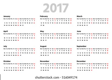 Simple calendar for 2017 year. Two weeks line. Week starts from Monday. Bold sans serif font, white background