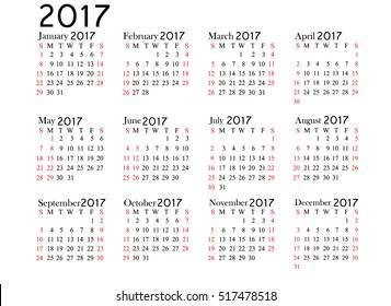 Simple calendar for 2017 year. Two weeks line. Week starts from Monday. Sans serif font, white background