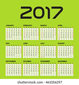 Simple calendar for 2017 Year, Week Starts Sunday