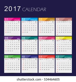 Simple calendar 2017.Week starts from sunday.Vector illustration.