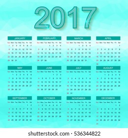 Simple calendar 2017.Week starts from sunday.Vector illustration.