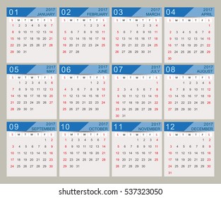 Simple calendar 2017.Week starts sunday.Vector design template.