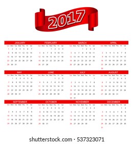 Simple calendar 2017.Week starts sunday.Vector design template.