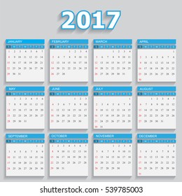 Simple calendar 2017.Week starts sunday.Vector design template.