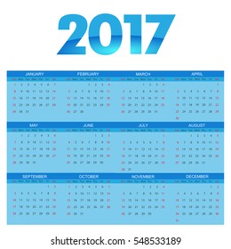 Simple calendar 2017.Week starts from sunday.Vector illustration.
