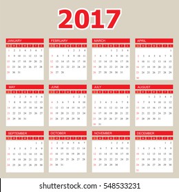 Simple calendar 2017.Week starts from sunday.Vector illustration.