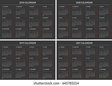 Simple calendar for 2018, 2019, 2020 and 2021 years. Week starts from Monday.