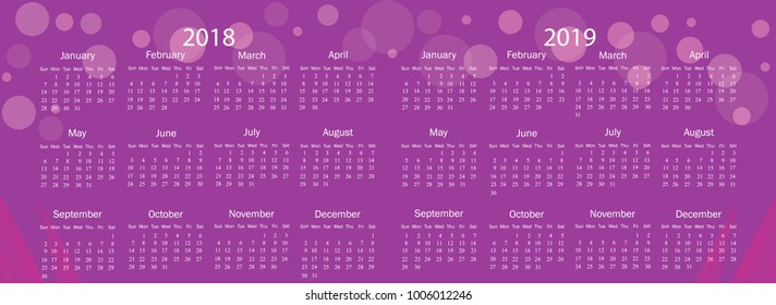 Simple calendar for 2018 and 2019 years. Week starts from Monday. Vector illustration.
