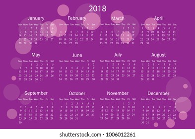 Simple calendar for 2018 and 2019 years. Week starts from Monday. Vector illustration.