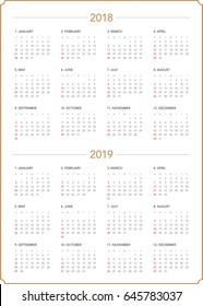 Simple calendar for 2018 and 2019 years. Week starts from Sunday.