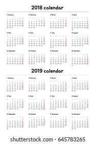 Simple calendar for 2018 and 2019 years. Week starts from Monday.