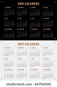 Simple calendar for 2018 and 2019 years. Week starts from Monday.