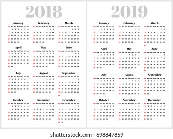 Simple calendar for 2018 and 2019 years. Week starts from Sunday. Serif font, white background