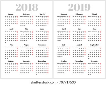 Simple calendar for 2018 and 2019 years. Week starts from Monday. Serif font, white background
