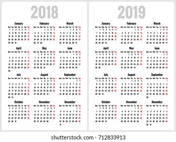 Simple calendar for 2018 and 2019 years. Week starts from Monday. Bold sans serif font (high letters), white background
