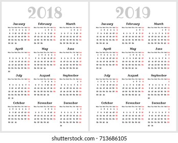 Simple calendar for 2018 and 2019 years. Week starts from Monday. Fun children's font, white background
