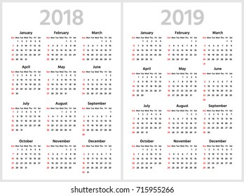 Simple calendar for 2018 and 2019 years. Week starts from Sunday. Sans serif semi bold font, white background