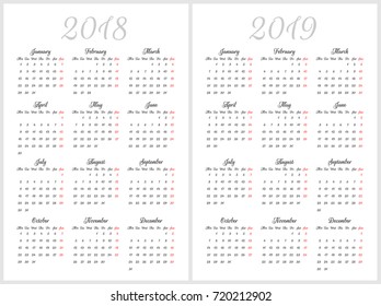 Simple calendar for 2018 and 2019 years. Week starts from Monday. Script font, white background