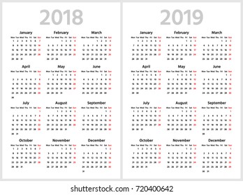 Simple calendar for 2018 and 2019 years. Week starts from Monday. Sans serif semi bold font, white background