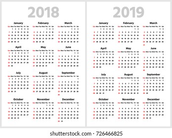Simple calendar for 2018 and 2019 years. Week starts from Sunday. Sans serif bold font, white background