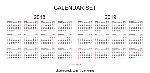 Simple calendar for 2018 and 2019 years. Week starts from Monday. Vector  illustration.