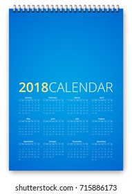Simple calendar 2018 blue colored template. Week starts from sunday. Vector realistic spiral notepad notebook