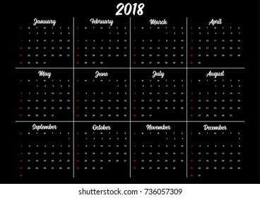 Simple Calendar for 2018 on black background. Vector Illustration